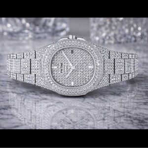 Iced Out Silver Diamond Quartz Watch Stainless Steel Bust Down Luxury Big Face